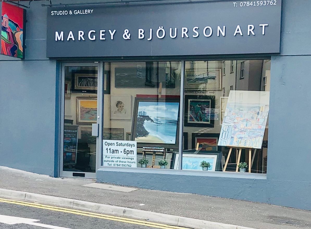 AdrianMargeyArt's tweet photo. In recognition of the growing contribution of @EvanaBjourson to the #Portrush Gallery, I’m thrilled to formally unveil our new-look frontage at 99 Mark Street. We’re feeling pretty swanky! Open Saturday: 11am - 5pm.
#SharedStudio #husbandandwife #OpenReady #IrishArt #IrishArtists https://t.co/x0oRyThWRo