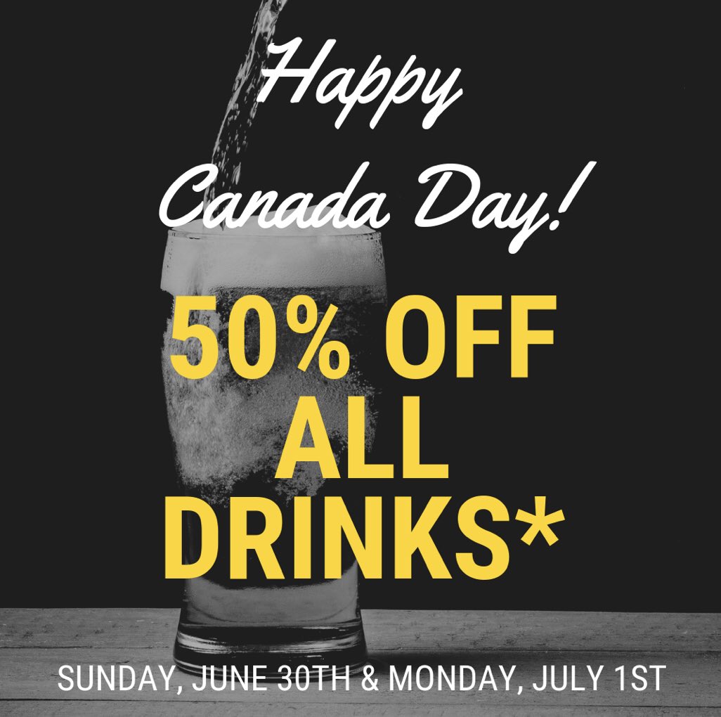 HAPPY CANADA DAY #YQL! Celebrate with us and 50% OFF ALL DRINKS* on Sunday, June 30th and Monday, July 1st! .
.
.
<a href="/FullyPromotedLA/">Fully Promoted of Lethbridge</a> <a href="/ECAlertezAB30/">Lethbridge</a> <a href="/lethribfest/">Lethbridge Ribfest</a> <a href="/Lethliving/">Lethbridge living</a>
