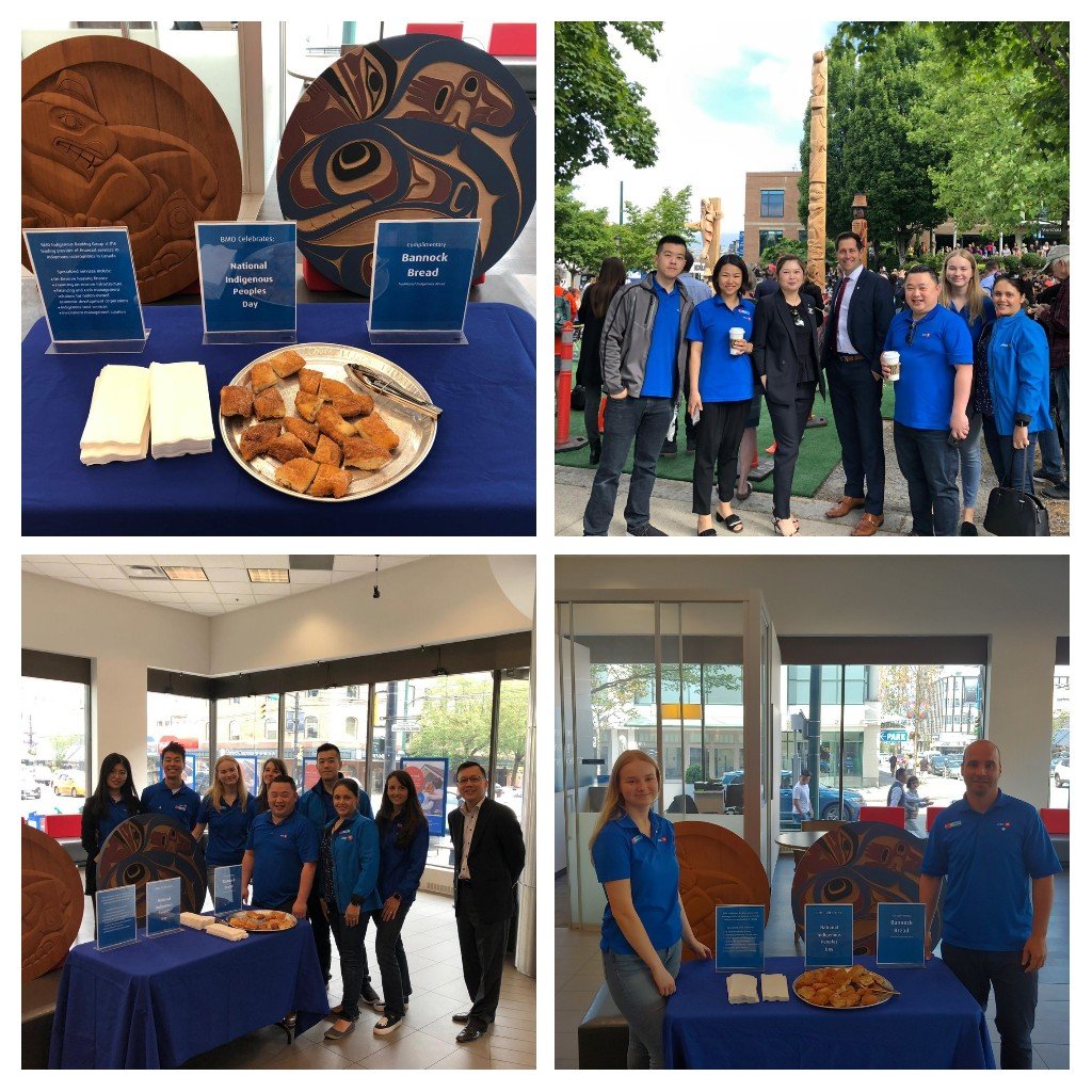 Celebrating National Indigenous Peoples Day <a href="/BMO10thG/">BMO@10th&GREAT</a> with traditional bannock bread and a special reconciliation pole unveiling ceremony ! #ProudToWorkAtBMO #BMOPurpose #VSBlegacy #BMOgrowthegood #community
