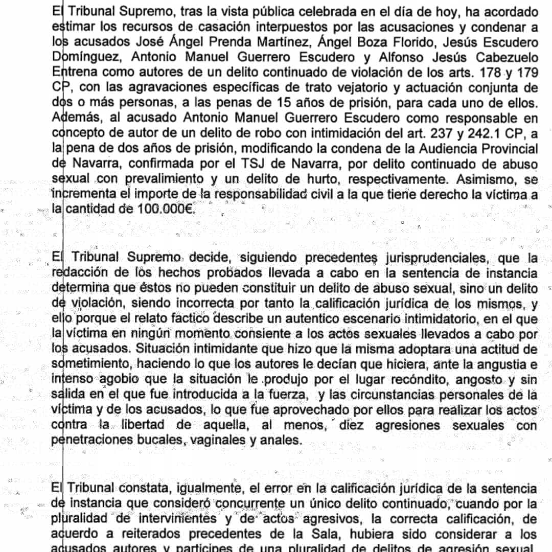 pablombelena's tweet photo. La sentencia de #lamanada tiene esta nota del Supremo. Un rapapolvo a la Audiencia de Navarra y al TSJN. Además, reprocha que no le hayan solicitado cambiar la calificación del delito, que no habría sido uno continuado, sino varios. De ser así, habría aumentado penas. https://t.co/99vSqHuq6n