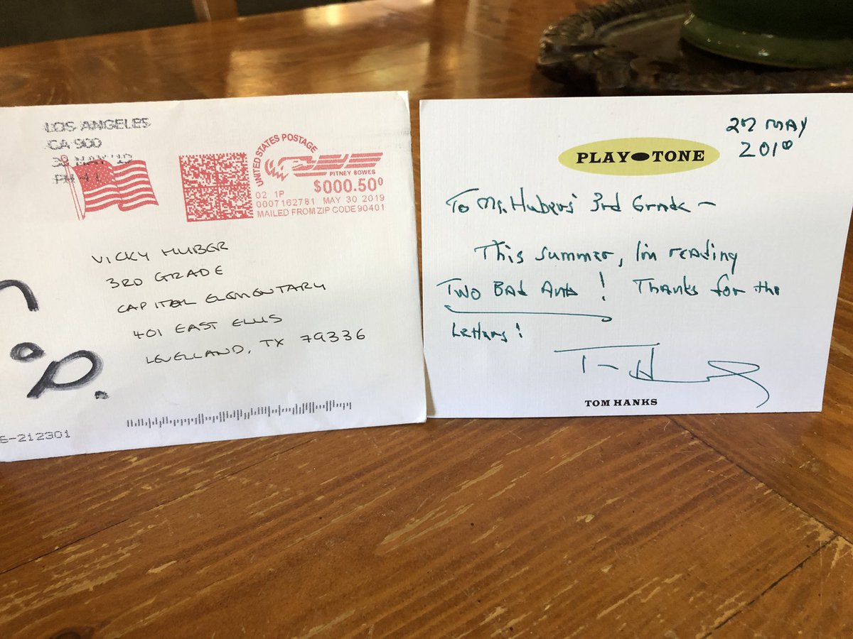 CapitolElem's tweet photo. Mrs. Huber’s 3rd graders wrote letters to @tomhanks recommending he make a move from a story they loved! Guess what... HE WROTE BACK!?!?! https://t.co/LWk4ya3ERB