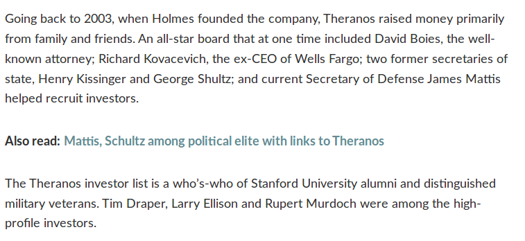 But that's peanuts next to the whopping $700 million raised by Theranos. The amount of State and DoD associated names that appeared in its investor list suggests there may have been clandestine interest in the company.  https://www.marketwatch.com/story/the-investors-duped-by-the-theranos-fraud-never-asked-for-one-important-thing-2018-03-19