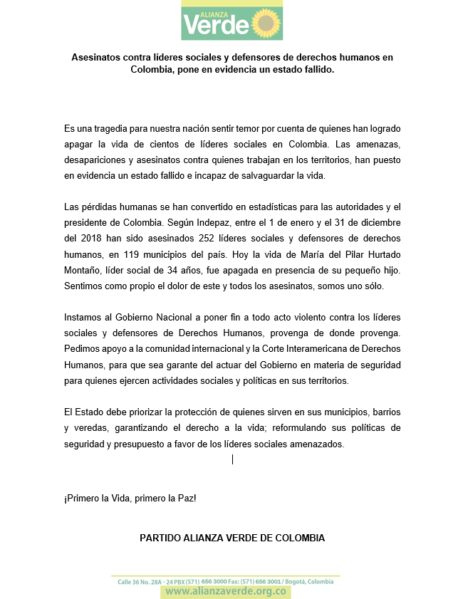 PartidoVerdeCoL's tweet photo. Asesinatos contra líderes sociales y defensores de derechos humanos en Colombia, pone en evidencia un estado fallido. #SomosUno https://t.co/7Qs6Vp7r7M