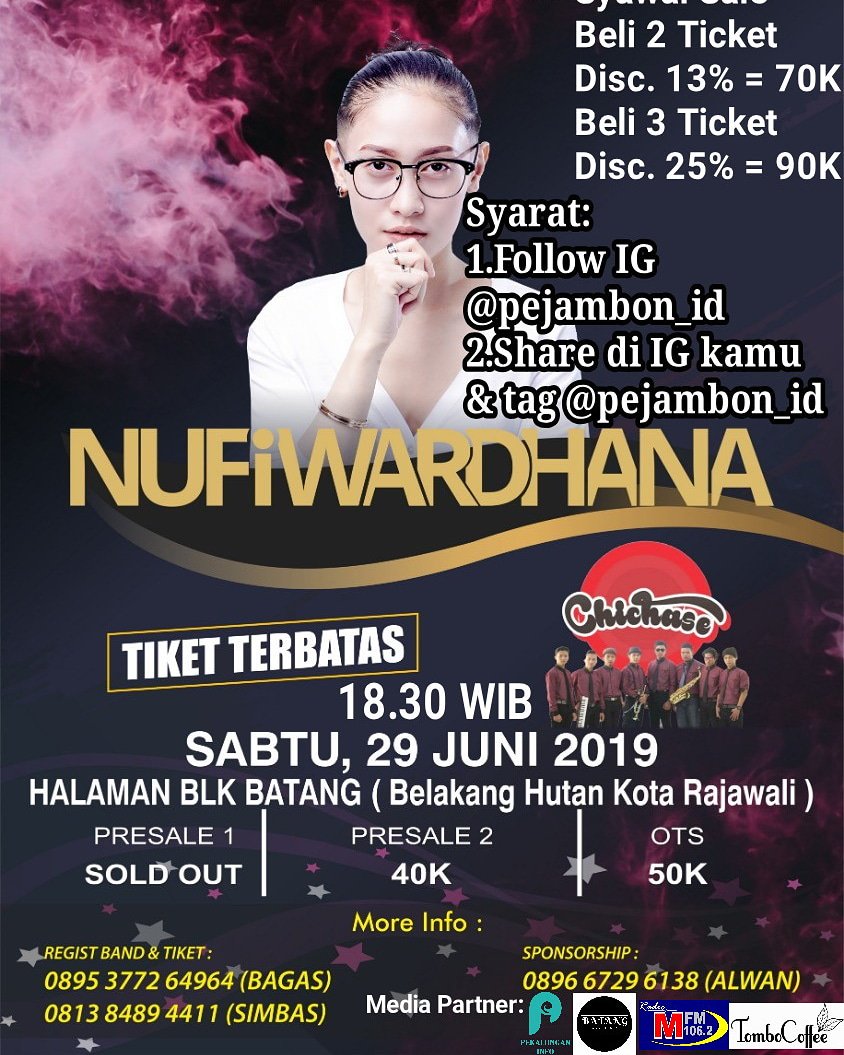" Pejambon Acoustic______
🎇Acoustic Night🎇
Spesial Performance
Guest Star : 🎙@nufiwardhanaofficial
Local Band:
🎷Chichase
🎸Tapi Tipeng
🎸Pejambon Band
🎸Seria Band
Waktu &amp; Tempat :
📌 29 Juni 2019
⚓ Halaman BLK Batang (Belakang Hutan Kota Rajawali Batang)