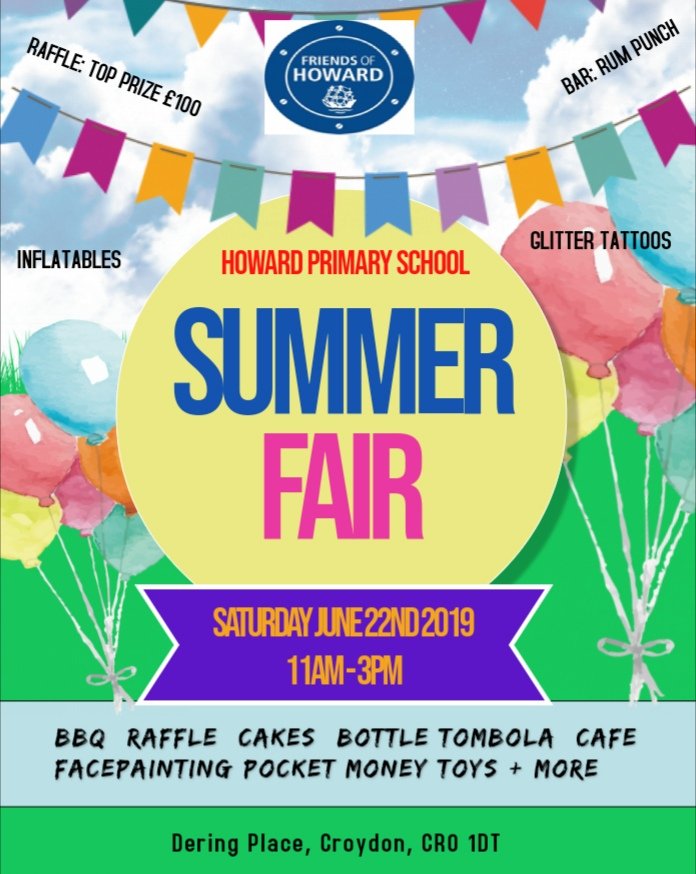 FriendsofHoward's tweet photo. Howard Primary School's summer fair is on today, come in down. 
It's from 11am to 3pm. https://t.co/5bCal3Dhxv