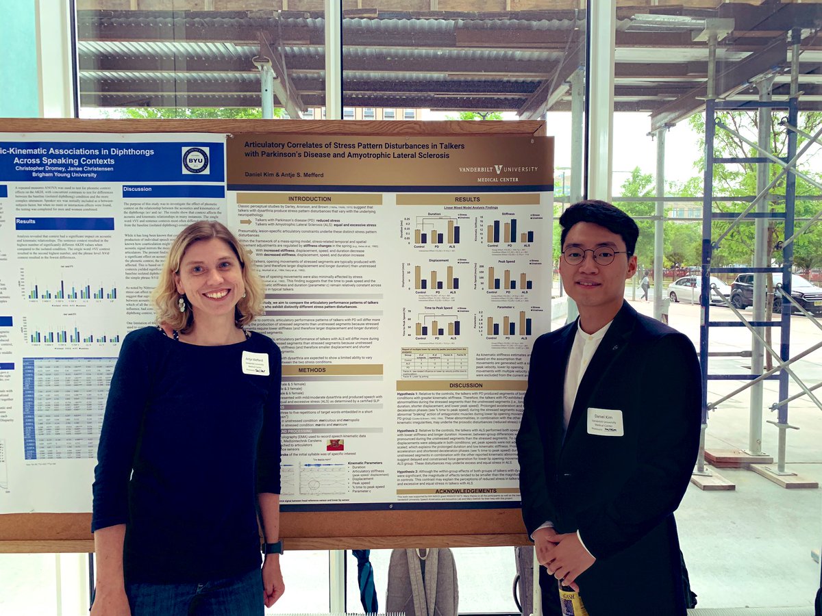 MefferdLab's tweet image. First Year PhD student Daniel Kim presented his research on articulatory correlates of stress pattern disturbances in talkers with dysarthria today at #2019BSMCS in Boston. What a great symposium! Learned a lot , so much great work!! Thank you @SteppLab !!