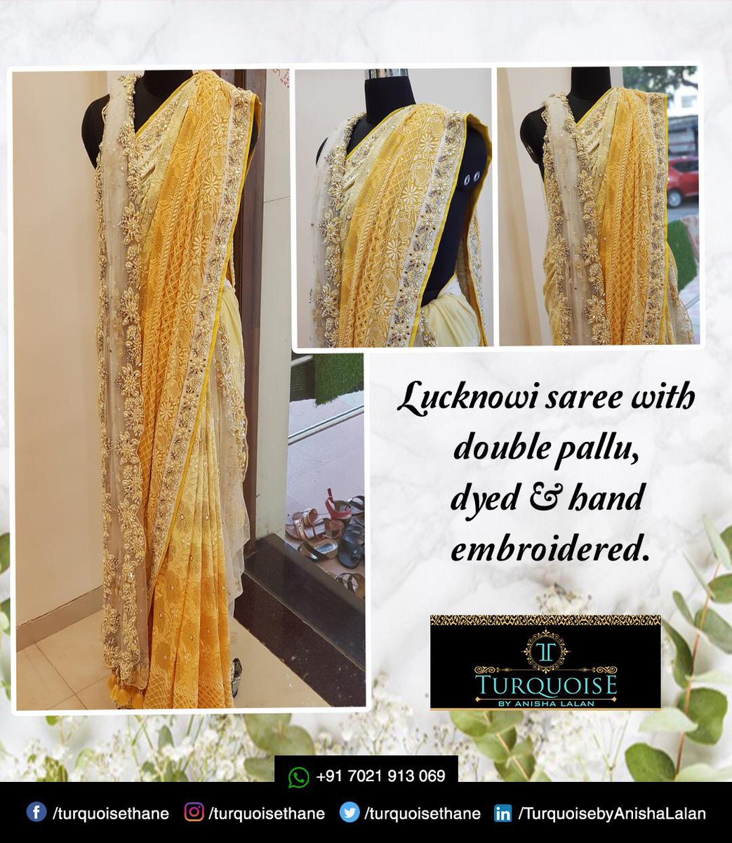 Check out this Lucknowi saree with double pallu, dyed & hand embroidered.😍🌻

To get your outfits customized by us, call or WhatsApp us at - +91 7021913069 or Visit us at - Shop No. 12 Elegance Tower, LBS Marg, Near Coffee by Di Bella Thane (W) 400602
-
#lucknowisaree