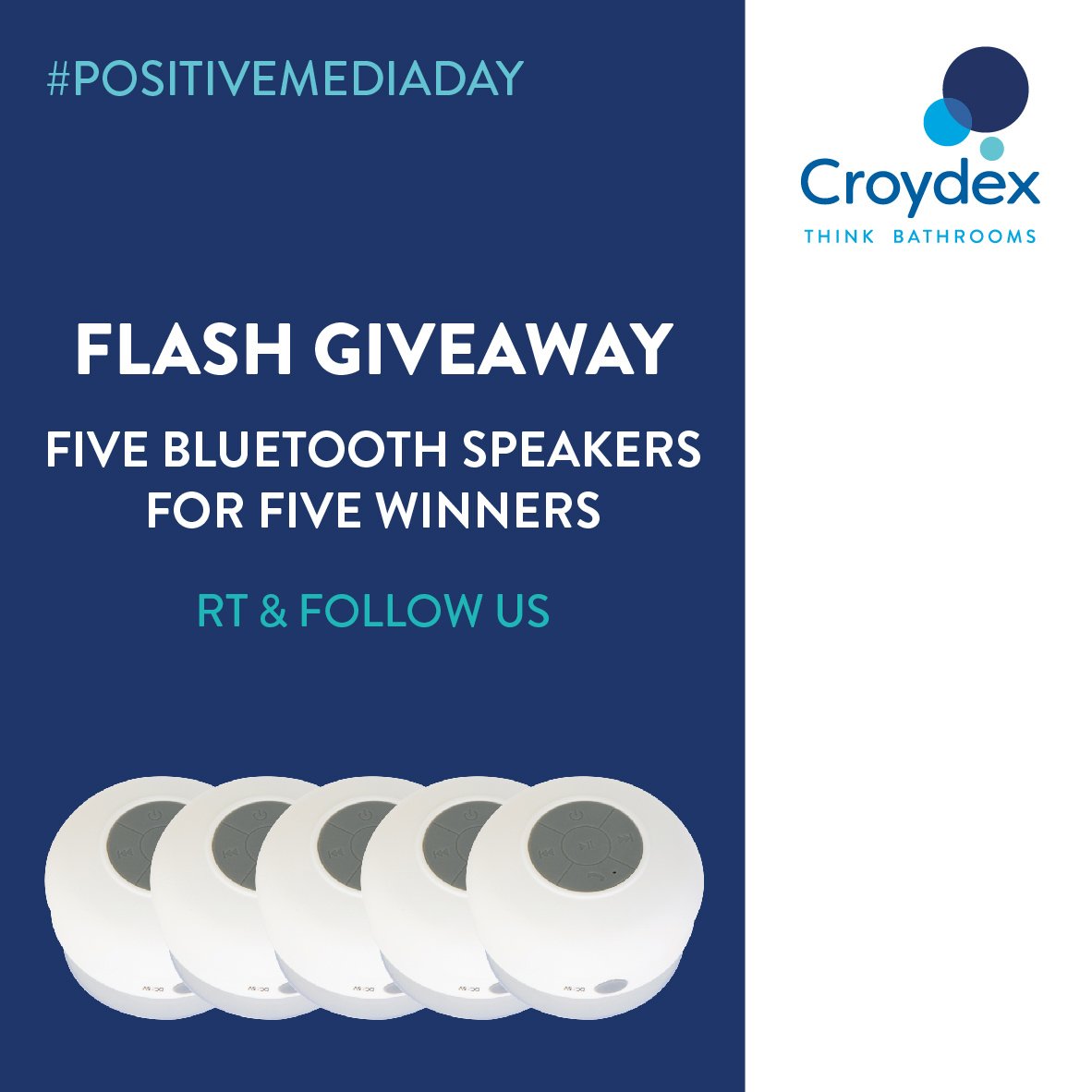 Today is #PositiveMediaDay, so we've got 5 Bathroom Bluetooth Speakers to give to 5 of our followers! RT and follow us and you could #win a Bathroom Bluetooth Speaker! Hurry, competition closes Monday at noon! #giveaway #win