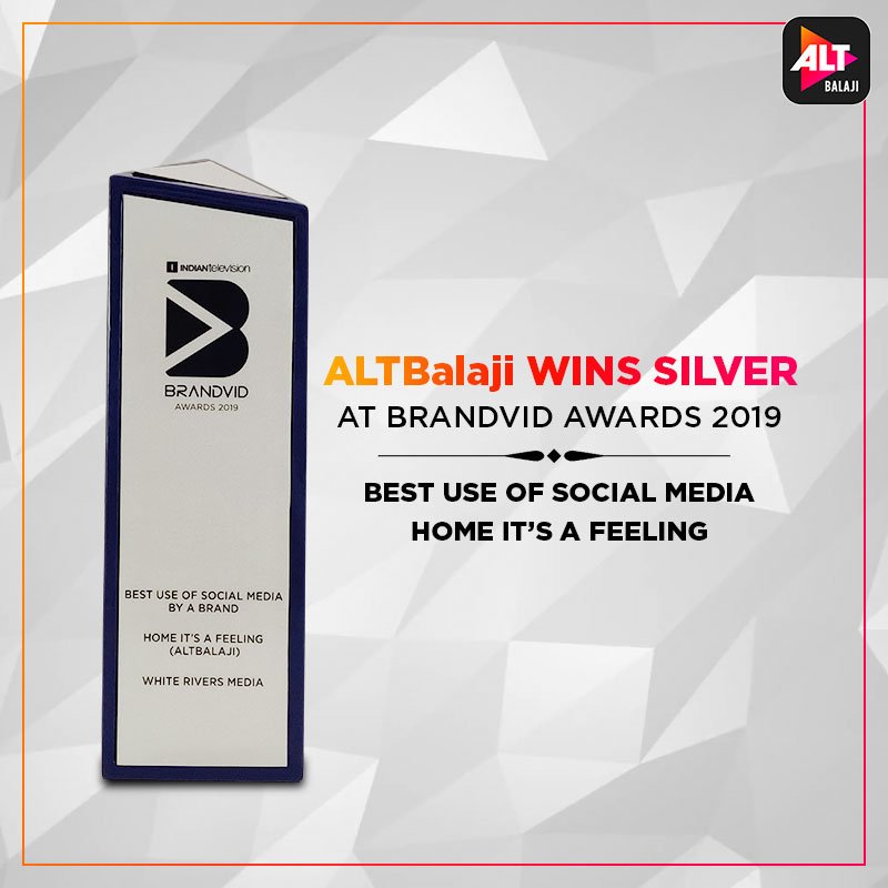 altt_in's tweet photo. We brought another one home! ALTBalaji won the BRANDVID Awards 2019 for the best use of social media by a brand for #HomeItsAFeeling
#ALTBalajiOriginal @ektaravikapoor https://t.co/pA44E3aT3B
