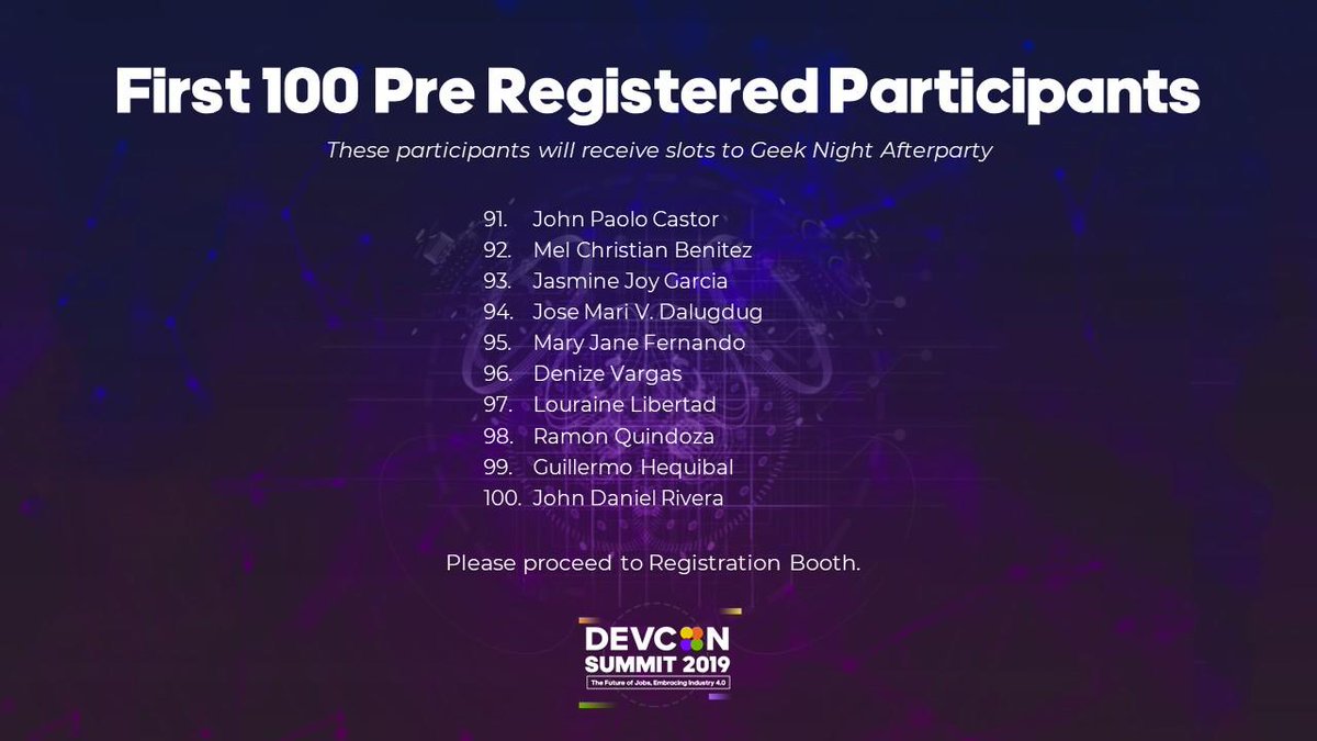 DEVCONPH's tweet photo. Congratulations to the first 100 participants who pre-registered! You will receive slots to Geek Night Afterparty tonight. π
#DEVCONFutureofJobs
#DEVCONSummit2019
#DEVCONYear10 https://t.co/BxulbU3Pxq