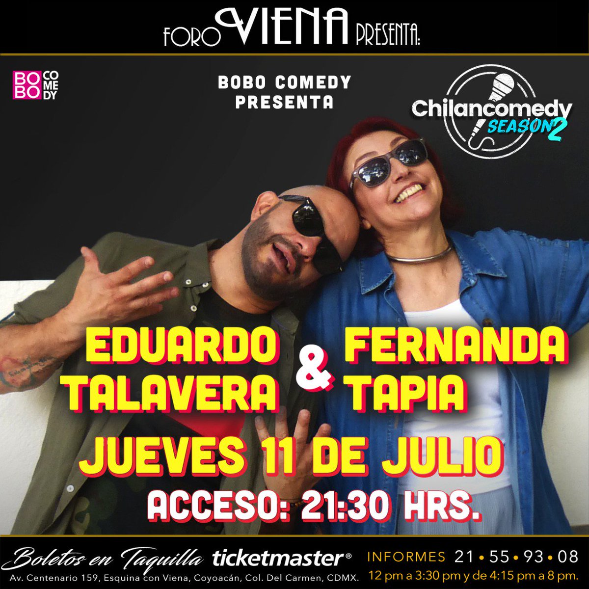 ForoVienaMx's tweet photo. 11 DE JULIO / #CHILANCOMEDY, EDUARDO TALAVERA & FERNANDA TAPIA:
Una increíble noche llena de risas que reúne a #EduardoTalavera y #FernandaTapia en un show que te dejara sin aliento. No te lo pierdas en el #ForoViena!
Puedes adquirir tus boletos en @Ticketmaster_Me o taquillas! https://t.co/NblTGpMKLy