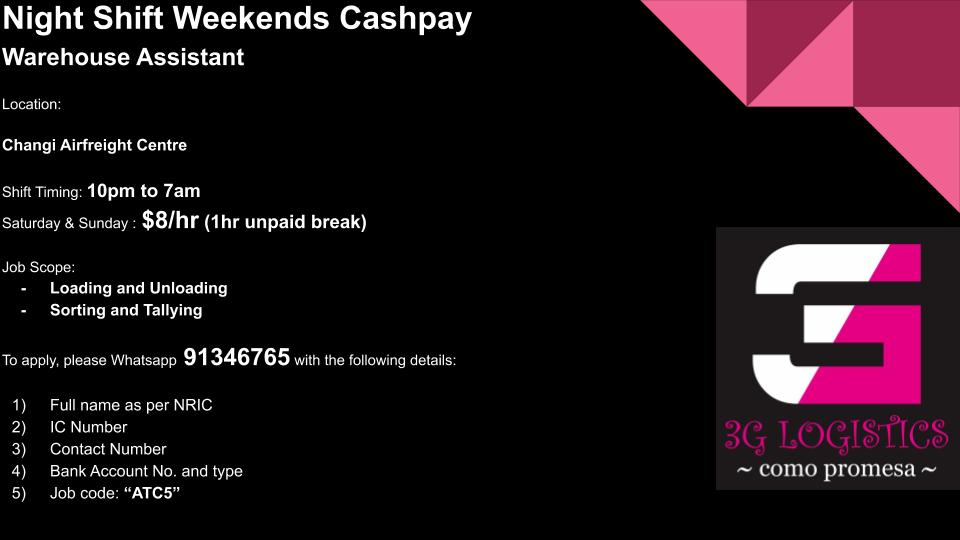 Night shift weekends cash pay as a warehouse assistant in the East! #logistics #warehouse #sg #singapore #jobportal #jobsearch #jobfinder #jobsg #sgjob #fastjob #cashpay #careeropportunities