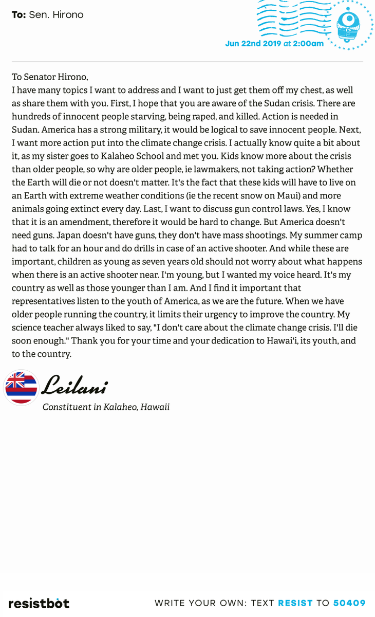 openletterbot's tweet photo. I just delivered this letter from Leilani in Kalaheo, Hawaii to @MazieHirono #HIpols #HIpolitics #SudanMassacre https://t.co/JIcETwou8Z