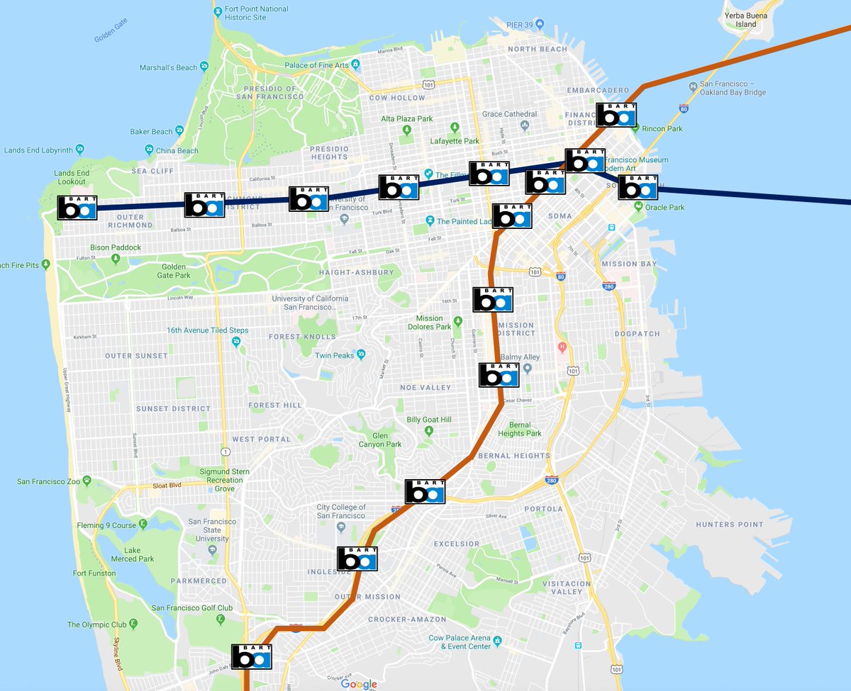 CalRail's tweet photo. San Francisco could get 6 additional new BART stations if a second transbay crossing is added and extended under Geary. https://t.co/0YlIVNQ8Nk