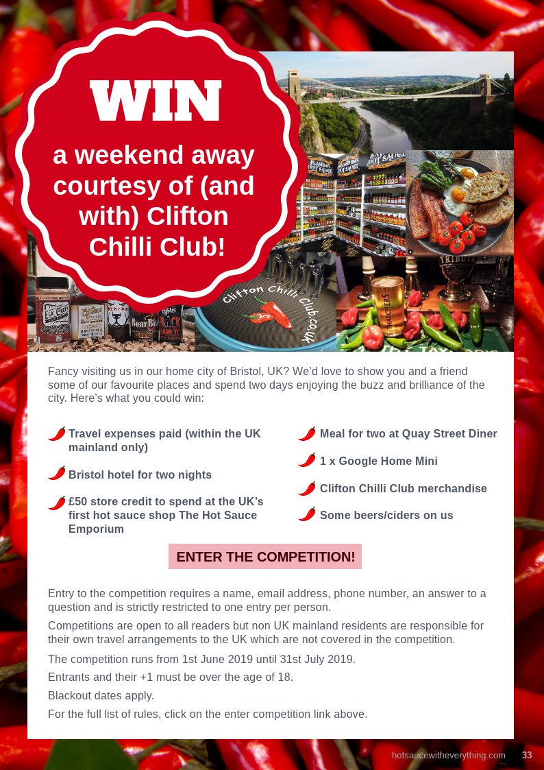 CliftonChilli's tweet image. Fancy winning a weekend in Bristol on us? How about a great meal for two at @quaystreetdiner ? How about £50 to spend at @ChoplesHot ? Check out our competition on Pages 32-33 in the latest edition of 'Hot Sauce With Everything' magazine

flipsnack.com/CliftonChilliC…

#competition