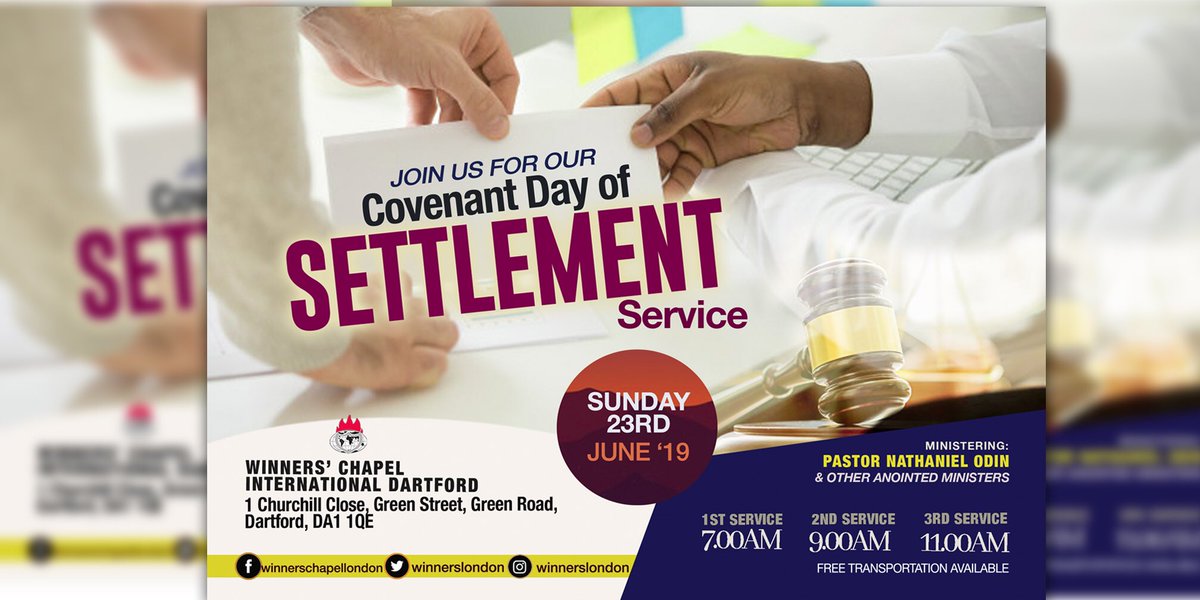 Winners Chapel Dartford invites you to its COVENANT DAY OF SETTLEMENT Service tomorrow.

Kindly invite your Friends and Family expecting to be settled In every area of their life by the living God.

Service Times: 7am, 9am &amp; 11am

FREE transportation services are available!!
