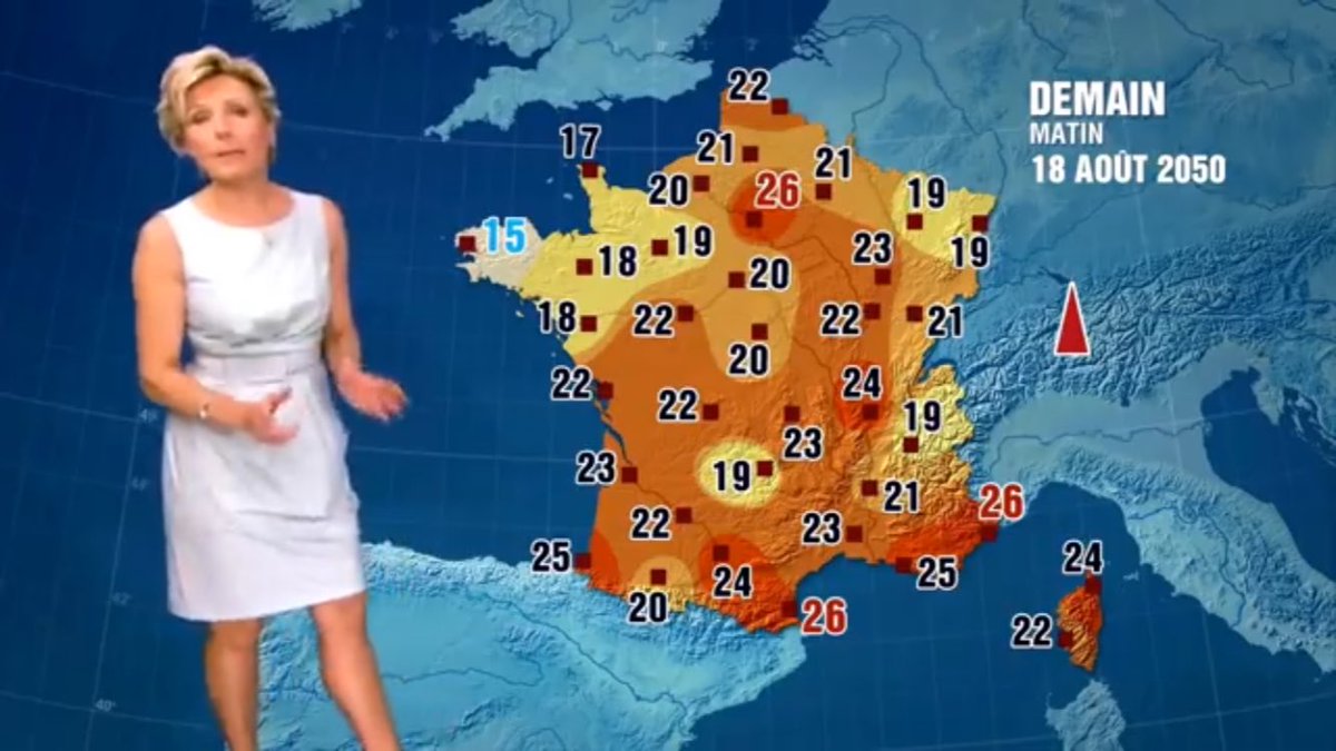 GWoznica's tweet photo. ⚠️ En 2014, Évelyne Dhéliat présentait un bulletin météo fictif d’un jour d’été de 2050... En milieu de semaine, la fiction rattrapera la réalité ! Les #températures pour cette #canicule de fin juin 2019 seront très très proches de celles affichées sur ces cartes... #chaleur @LCI https://t.co/GwCUamnqMY