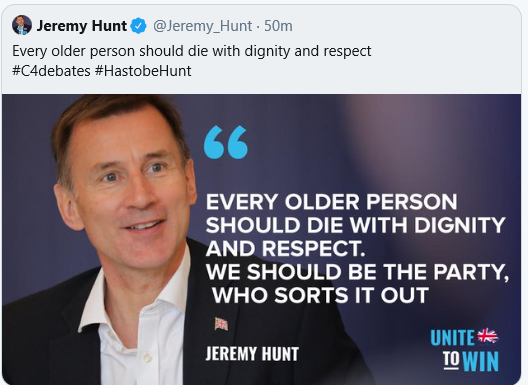 carolJhedges's tweet photo. 🇬🇧As he prepares to sell off the #NHS, carers and medical staff leave in droves, drugs are stockpiled or predicted to be in short supply, hospitals close wards.🇪🇺
#JeremyHunt reveals coded future Tory policy in official slogan
(clue: it's in the first 5 words)
#ASloganForJeremy https://t.co/WU3q7v7jS7