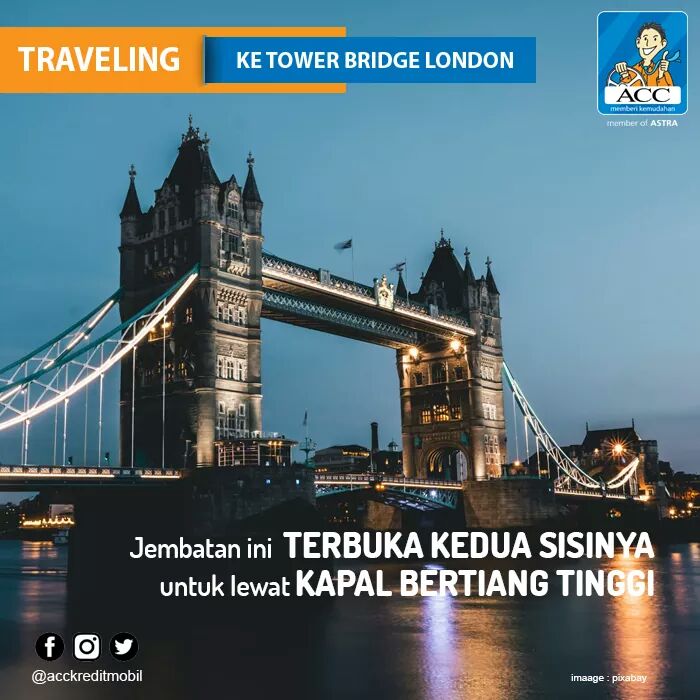 acconeid's tweet photo. TRAVELING : Selain Big Ben, London memiliki landmark lain yakni Tower Bridge di atas sungai Thames. Uniknya, kedua sisi jembatan bisa terangkat dengan mencapai sudut 86 derajat. Untuk tambahan biaya liburan hubungi ACC atau klik : https://t.co/6tMQ6D3D4G  #ACClife #ACCfinancial https://t.co/R4E8sJi57Q