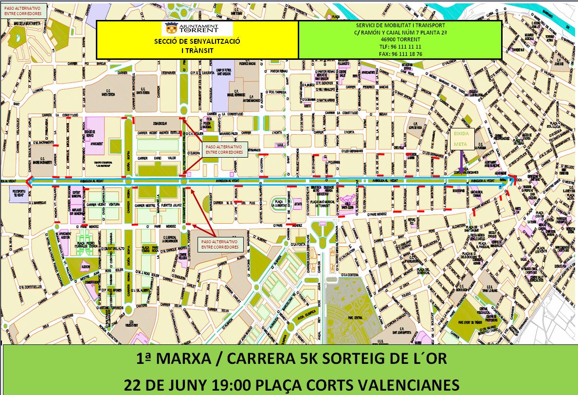 🚧 1era. Carrera 5k solidaria de l’or: : Plaça Corts Valencianes, avd. Al vedat pujada, c/ Sol, avd. Al Vedat baixada, plaça bisbe Benlloch, avd. Al Vedat i plaça corts valencianes. 
⏰ Des de les 19.00 h fins a les 22.30 h.