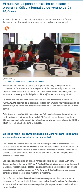 El audiovisual pone en marcha este lunes el programa lúdico y formativo de verano de @LaMolineraCC  • También este lunes, 24, se activan las Actividades Infantís Semanais en los centros cívicos municipales de la ciudad