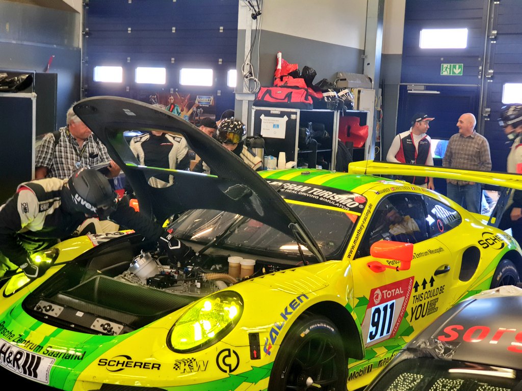 #24hNBR - #Porsche #911GT3R No. 1 and No. 911 are back in the garage and finished the warm-up session P1 and P2 <a href="/24hNBR/">ADAC RAVENOL 24h Nürburgring</a>