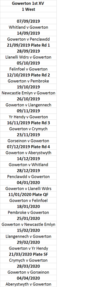 Here's our fixtures for the 1st XV in 1 West, some nice trips away and great to get our fixture back with <a href="/penclawddrfc/">Penclawdd RFC</a> #SOTM