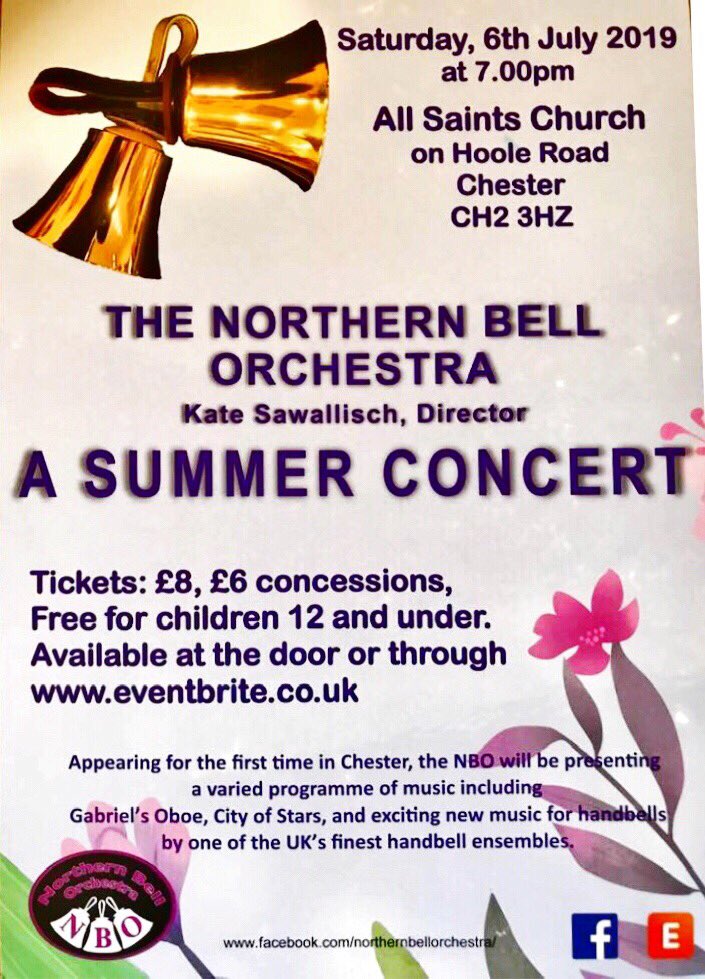 HRGBNational's tweet image. All are welcome to a summer concert by the Northern Bell Orchestra on Saturday 6 July at 7pm in All Saints Church, Hoole Road, Chester #Handbells #HandbellMusic #HandbellsRFun #Handbells4All