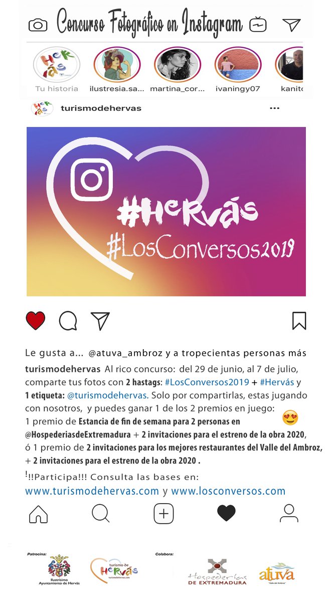 LOS CONVERSOS 2019, anima a "instagramear" y ganar experiencias con premios que incluye estancias, comidas e invitaciones para la obra de teatro 2020. Utilizando los 2 hastag del evento: #LosConversos2019 y #Hervás y etiqueta @turismodehervas.        +en losconversos.com