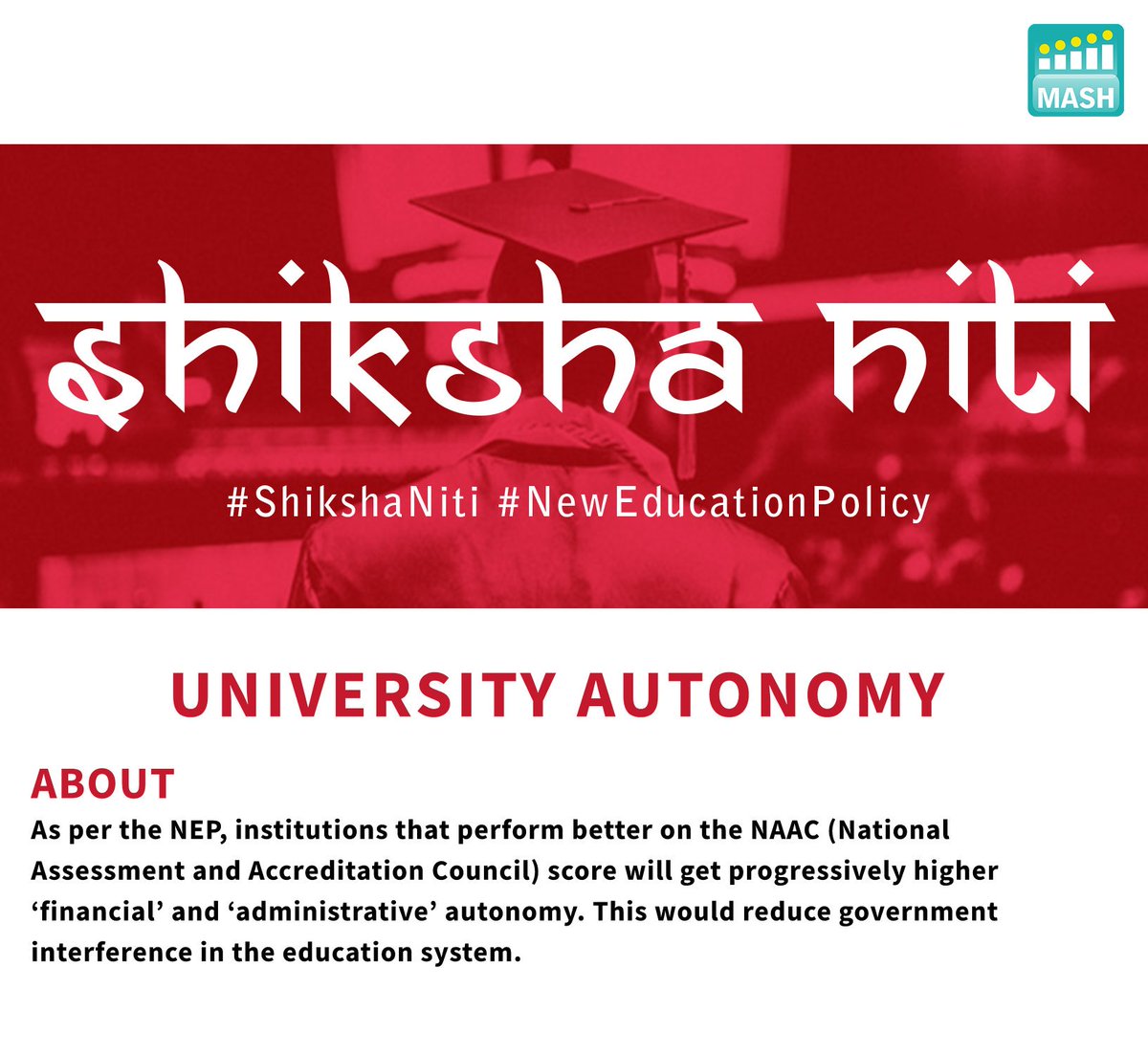 MASH_Project's tweet photo. The Draft #NationalEducationPolicy, 2019, proposes to ensure that all higher education institutions move towards full autonomy- including financial autonomy.
But at the cost of a large increase in fees, is it worth it?
#ShikshaNiti #MASHPolicy #educationinindia #educationsystem https://t.co/eap3KypWGq