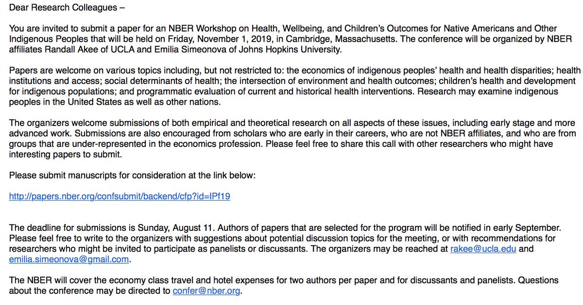 NBER Call for Papers: Health, Wellbeing, and Children’s Outcomes for Native Americans and Other Indigenous Peoples

See the call for papers below and link

papers.nber.org/confsubmit/bac…