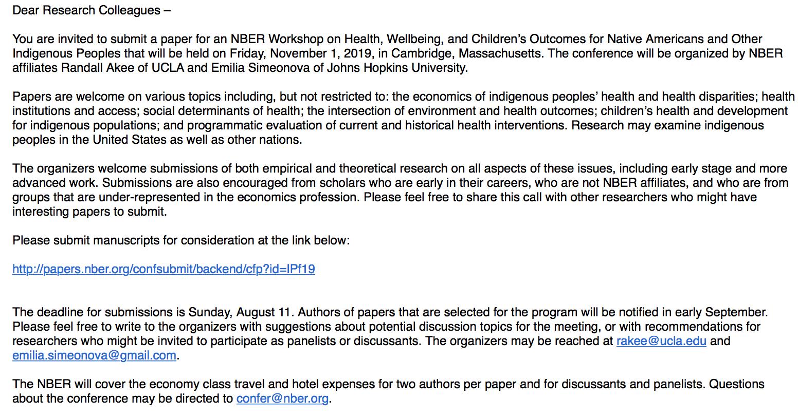 Assn for Economic Research of Indigenous Peoples on X: NBER Call for  Papers: Health, Wellbeing, and Children's Outcomes for Native Americans and  Other Indigenous Peoples See the call for papers below and
