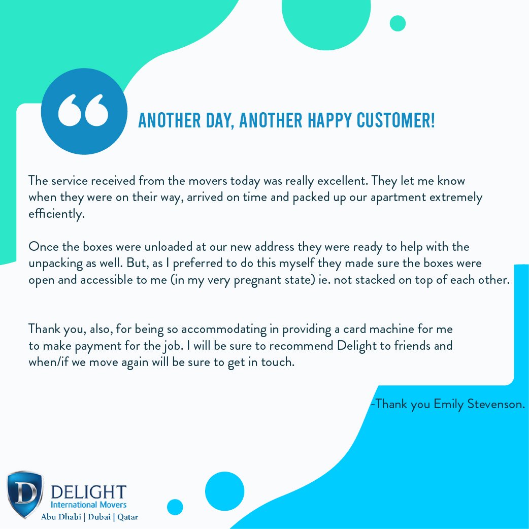 Thanks for the wonderful review Emily Stevenson
Looking forward to serving you again.

#delightinternationalmovers #delightedcustomers