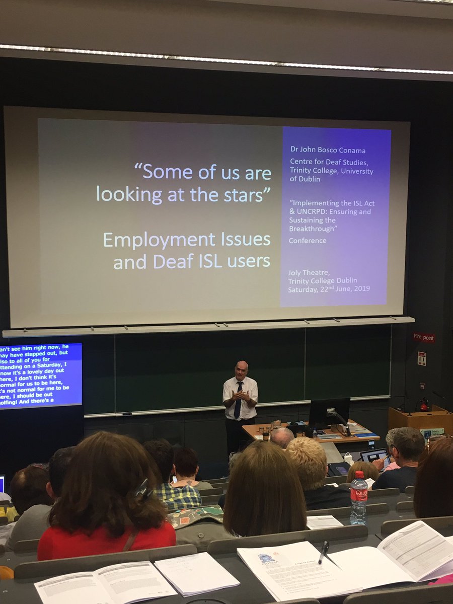Next up is <a href="/jconama_bosco66/">Dr JBC (sign name “hearing aid”)</a> presenting on elements of our <a href="/designsproject/">DESIGNS</a> <a href="/Leargas/">Léargas</a> <a href="/ErasmusIreland/">Erasmus+ Ireland</a> <a href="/studies_centre/">Centre for Deaf Studies</a> #ISLBreakthrough