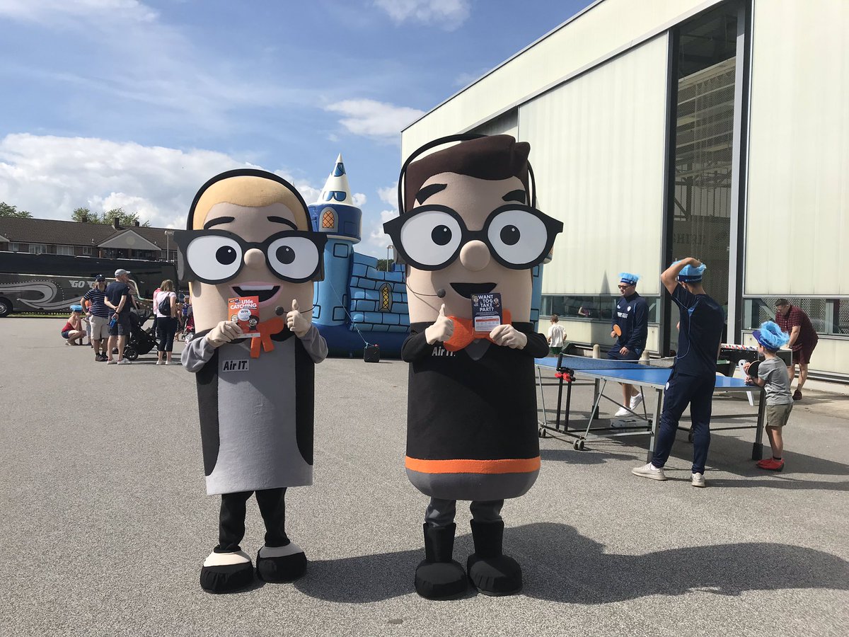 AirITLtd's tweet photo. #TechTom and #iTina have arrived for the family fun day @DerbyshireCCC. Come down before 1pm for free entry to meet the players and the Air IT mascots, practice your cricket skills and get free tickets to an upcoming T20 match & a chance to win our U16s catching competition https://t.co/EZrP9HV8HZ