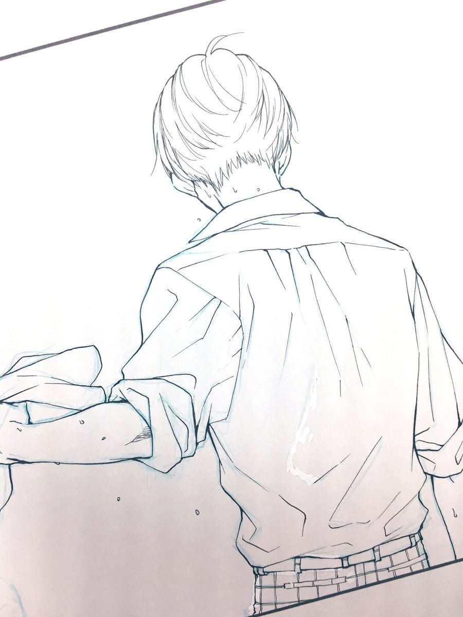 「来月の仕上げ前の原稿ちょろり。後ろ姿。
修正のアト多いー 」|アミューのイラスト