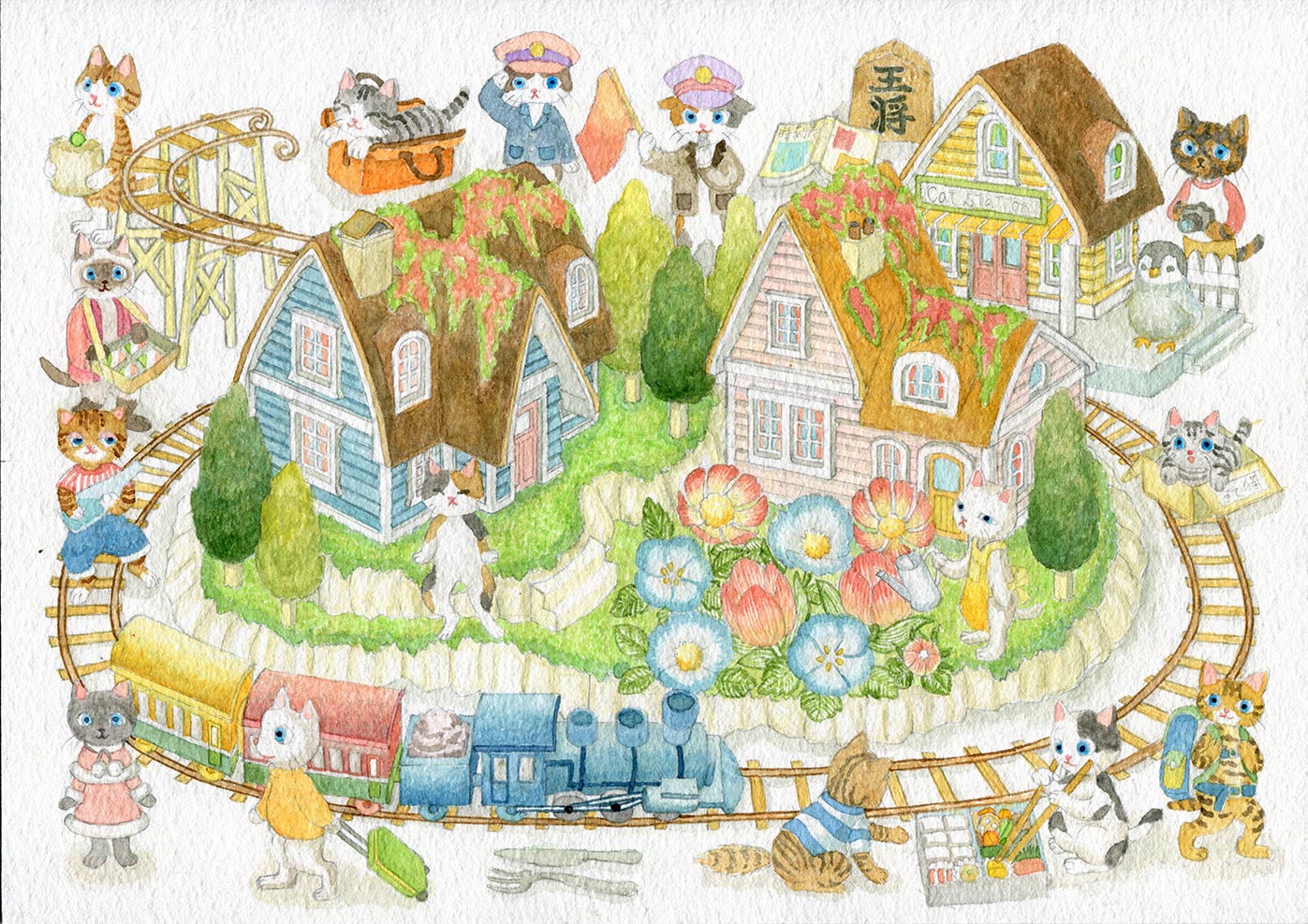 ホリマキ ニャンコ鉄道 ネコ 猫のイラスト ニャンコ 動物 水彩画 アート 絵 かわいいイラスト メルヘン ファンタジー 機関車 電車 鉄道 真夏のデザインフェスタ T Co up1lezjt Twitter