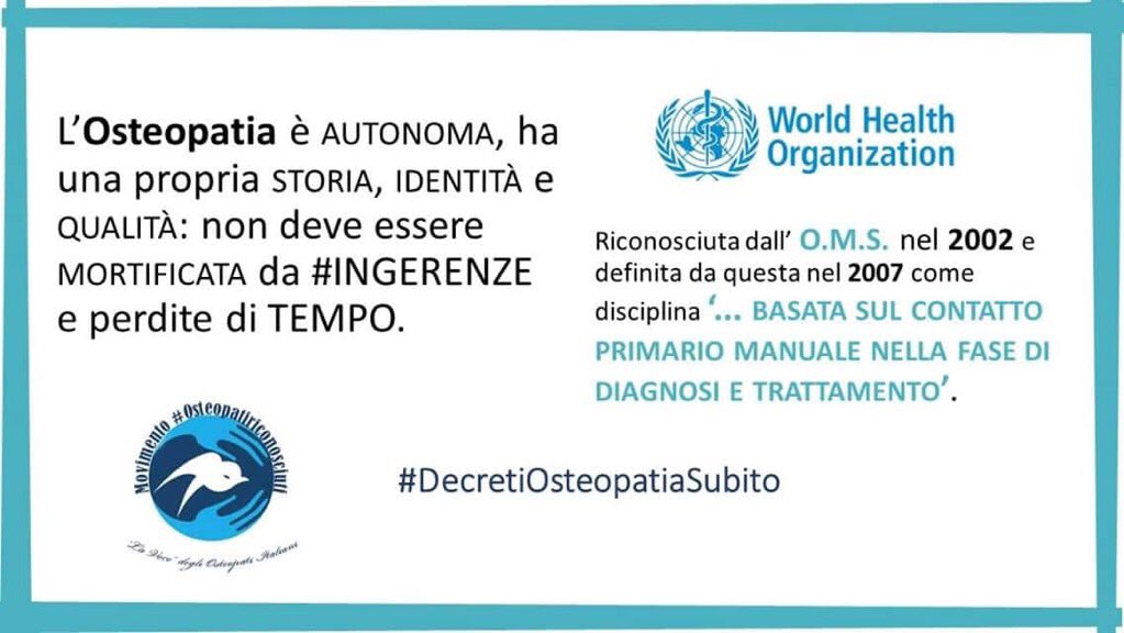 #DecretiOsteopatiaSubito #osteopatiriconosciuti #NoIngerenze #NonSullaNostraPelle solo #Osteopatia x i #Cittadini 
<a href="/GiuliaGrilloM5S/">Giulia Grillo</a> <a href="/luigidimaio/">Luigi Di Maio</a> <a href="/matteosalvinimi/">Matteo Salvini</a> <a href="/MinisteroSalute/">Ministero della Salute</a> <a href="/fattoquotidiano/">Il Fatto Quotidiano</a> <a href="/Corriere_Salute/">Corriere.it Salute</a> <a href="/repubblica/">Repubblica</a> <a href="/LaVeritaWeb/">La Verità</a> <a href="/Agenzia_Ansa/">Agenzia ANSA</a> <a href="/ilfoglio_it/">Il Foglio</a>