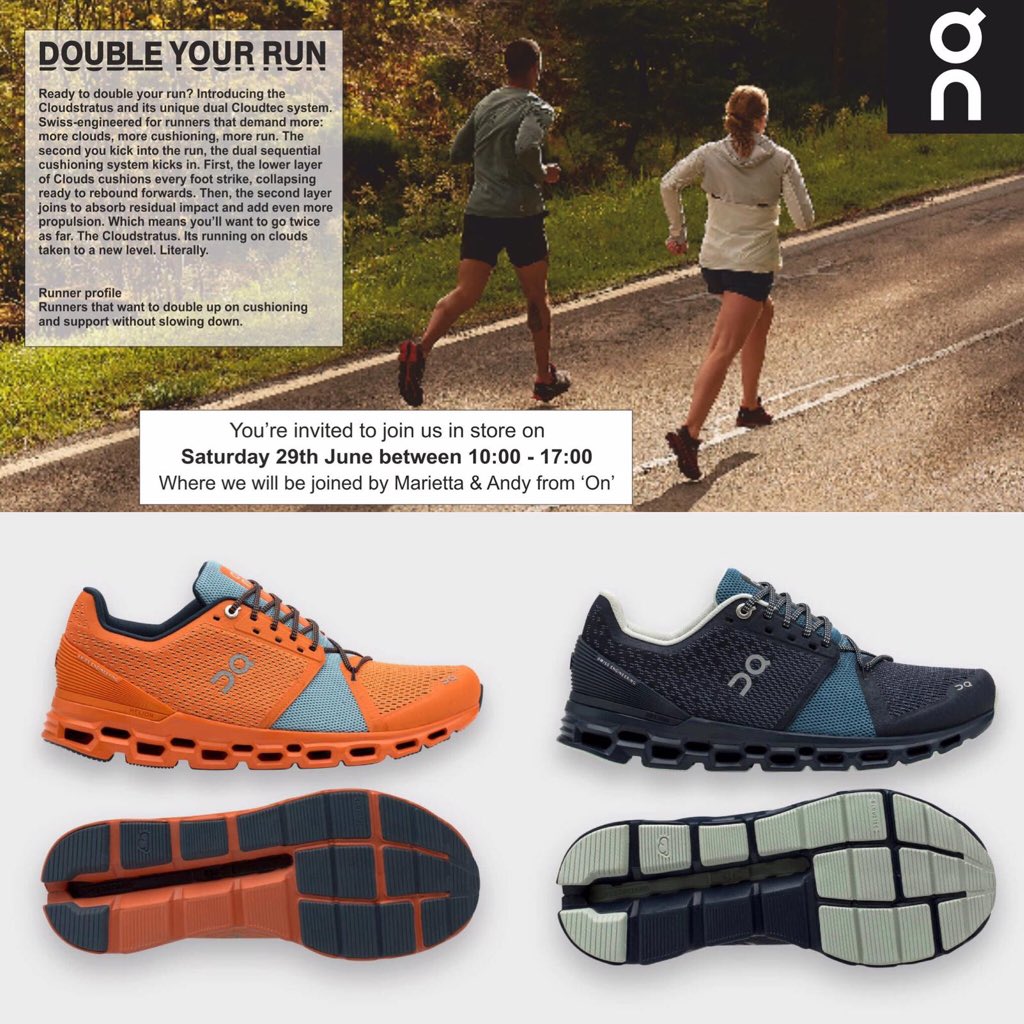 NoLimitzSports's tweet photo. Next Saturday 29th we are joined by our friends @on_runningUK  instore to launch the new Cloud Stratus. We are also pleased to announce we will also be running a @pulserolluk demo event alongside! For more info please see click on the following invite. https://t.co/4QY0euawzr https://t.co/FgPqQcHbH1