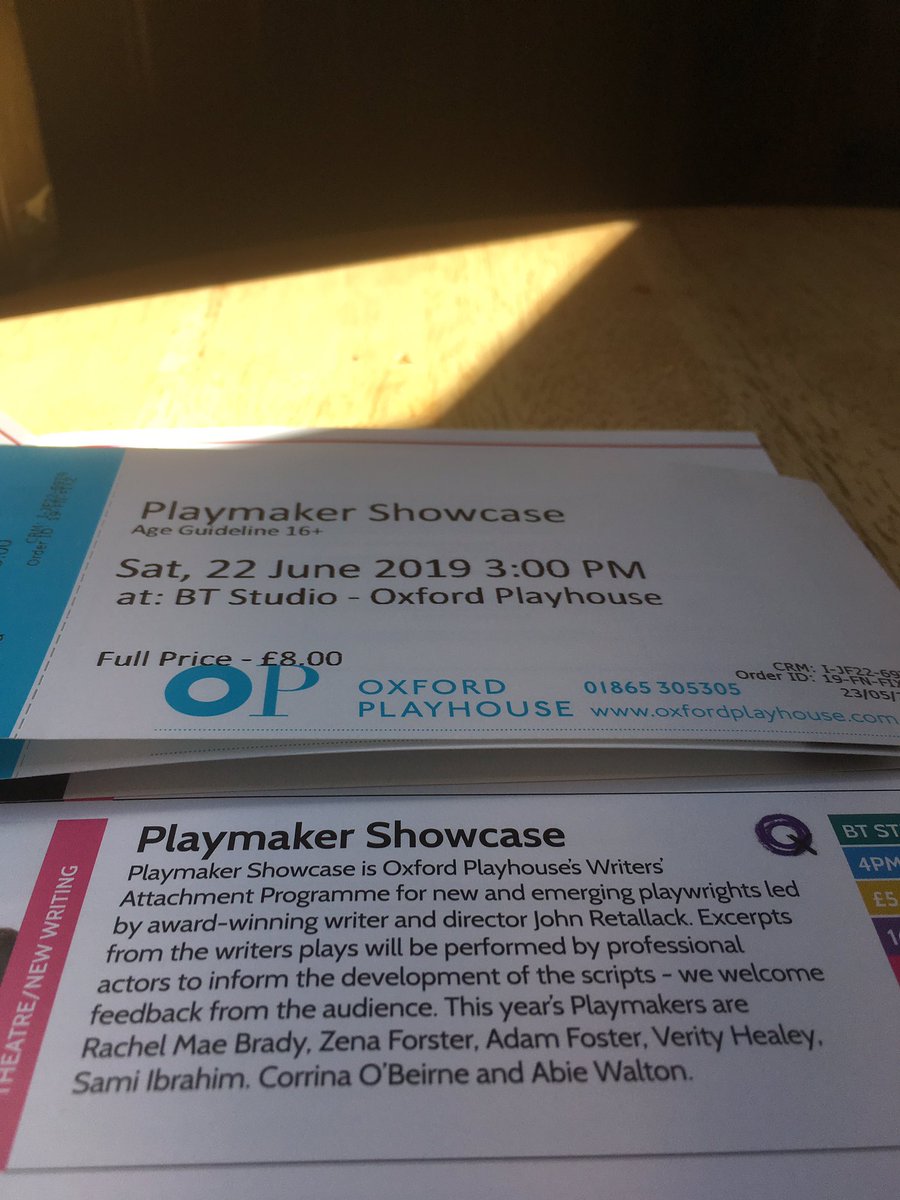 Can’t wait to see this! #playmakershowcase #oxfordplayhouse#playwrights #emergingtalent #offbeatfestival @RachelMaeBrady @zenaforster @adamfoster @verityhealey @samiibrahim@corrinaobeirne @abiewalton #burtontaylorstudio