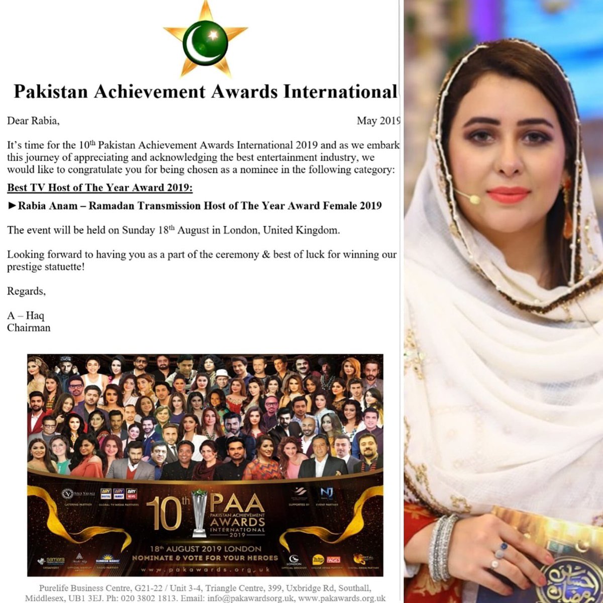 RabiaAnumm's tweet image. Alhamdullilah Nominated for the Best Ramadan Transmission (Female) Host of The Year Award 2019 in 10th Pakistan Achievement Awards International to be held on Sunday 18th August in London. pakawards.org.uk @samaraeventsuk

#10thPAA2019 #PAA #10thPAA
