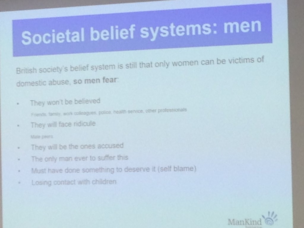 LeilaWildsmith's tweet image. Barriers to #helpseeking for male victims of domestic violence explained by @BelvedereBrooks at the #MalePsychologyConference2019