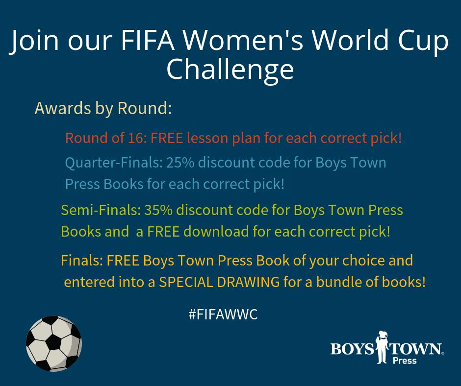 BoysTownPress's tweet photo. Don't forget to join our FIFA Women's World Cup Challenge!
The Round of 16 starts today! Check in our Facebook page to pick your winners to win prizes!!
#FIFAWWC #childrensbooks #btpress https://t.co/x7TMwXqbu6