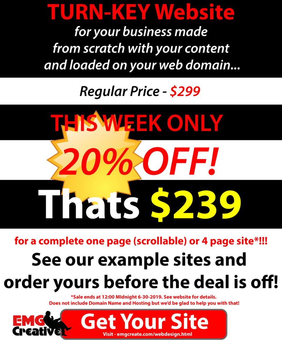 EmgCreative's tweet image. Crazy summer #smallbusiness turnkey website sale! One week only!  See examples and request yours today! ow.ly/Xuvj50uKpW0