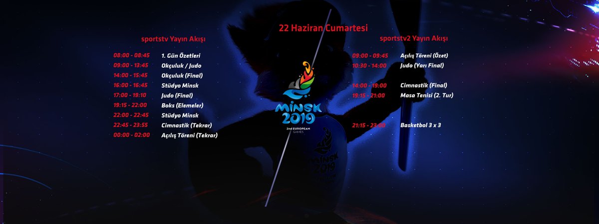 Sporun kanalı <a href="/sportstvcomtr/">running</a>'de 2. #AvrupaOyunları'nda günün programı👇

🎙️17.00 - 19.10 | sportstv'de <a href="/emirincegul/">emir incegul</a> ile Judo finalleri🥋
🎙️19.15 - 21.00 | sportstv2'de Masa tenisi🏓
🎙️22.00 - 22.45 | sportstv'de <a href="/agcamurat/">Murat Ağca</a> ile Stüdyo Minsk📺

Yayınları ile sizlerle olacağız.