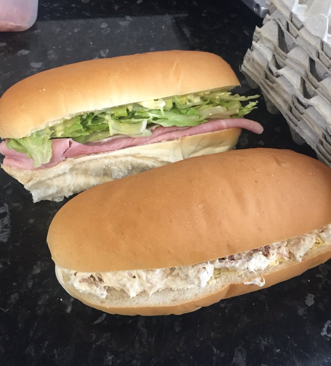 SnapBoxCafe's tweet image. At Snap Box Cafe we do freshly made sandwiches everyday🥖🥪, here is a Ham and Salad sandwich with salad cream and a Chicken and Bacon sandwich with mayo🥪🥖