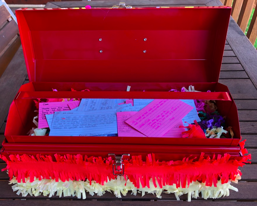 JCampEducator's tweet photo. What a great way to end the school year @YorkHouseSchool! I spoke to my Grade 6 students this year of developing tools in their tool box to help them solve problems. So, what did they do for an end of year gift? A tool box filled with kind notes! What great kids! #going2missU☺️👍 https://t.co/7p5Imu0x6T