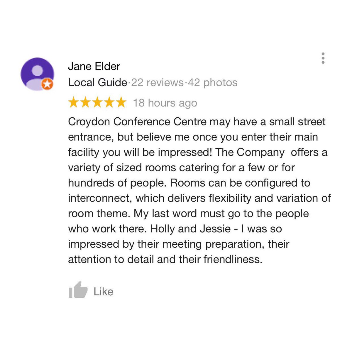 Some lovely words from the even lovelier Jane. Our wonderful team works so hard and it feels great to be recognised for it. Thank you Jane!
#googlereview #clientfeedback #weloveourclients #croydonconferencecentre #teamappreciation #hardworkpaysoff #trustpilot #customerservice