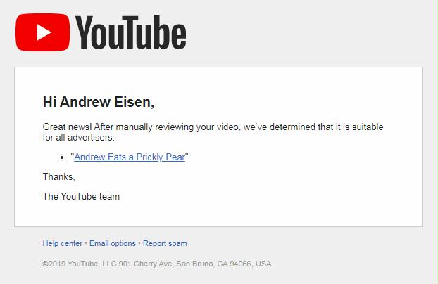Pic of an email where YouTube once again admits it incorrectly flagged one of my videos