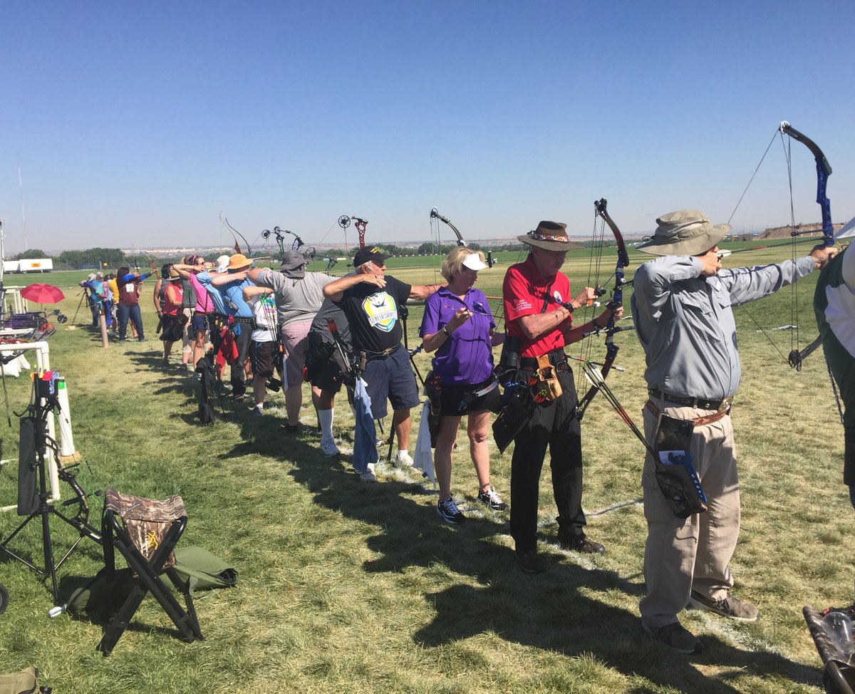 Archery action is in full swing at Balloon Fiesta Park. Charles McDonald (foreground) aims to defend his Gold Medal in men’s 65-69 barebow compound. #NationalSeniorGames